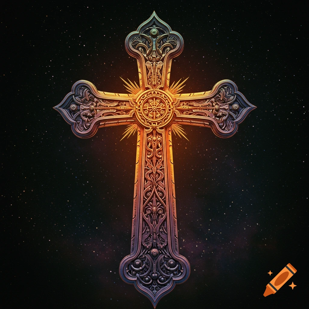 An ornate, decorative cross against a starry night sky.