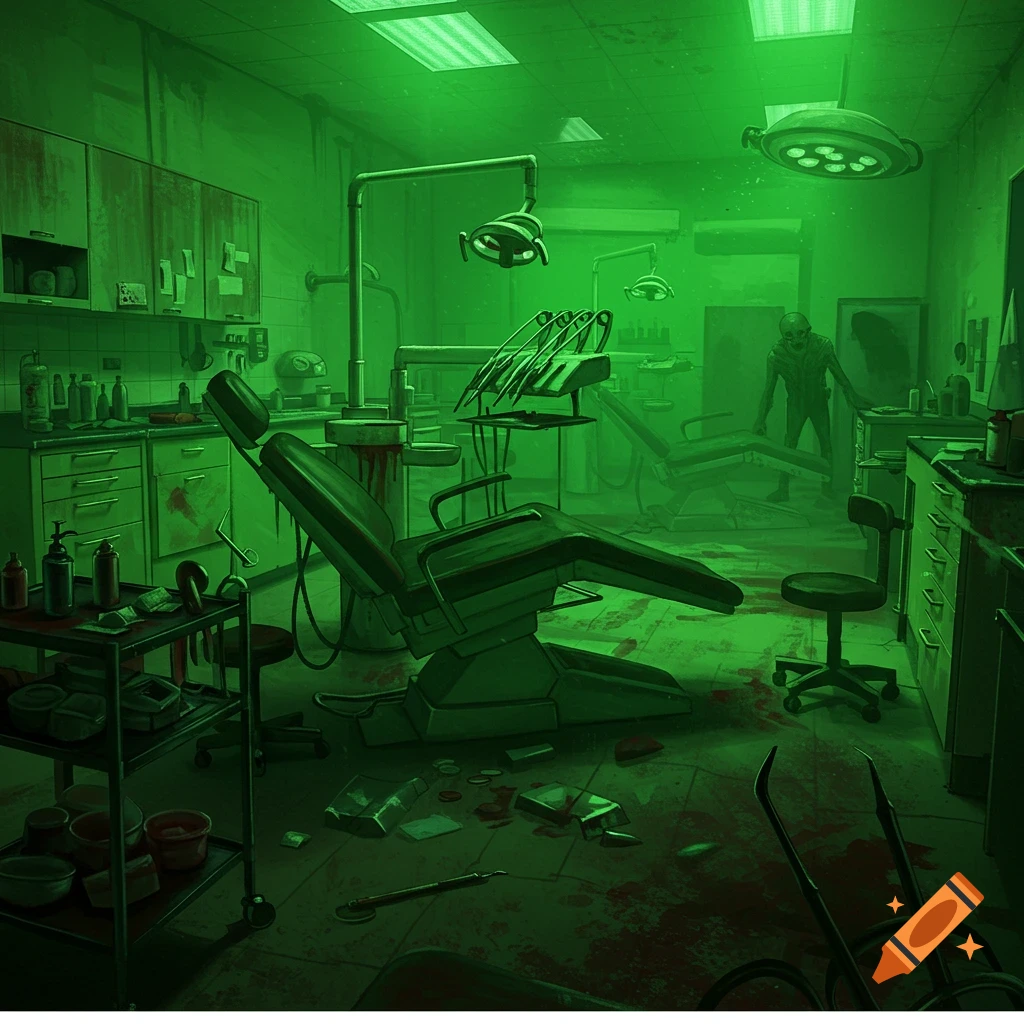 A horror dentist office with green light, blood, and a monster