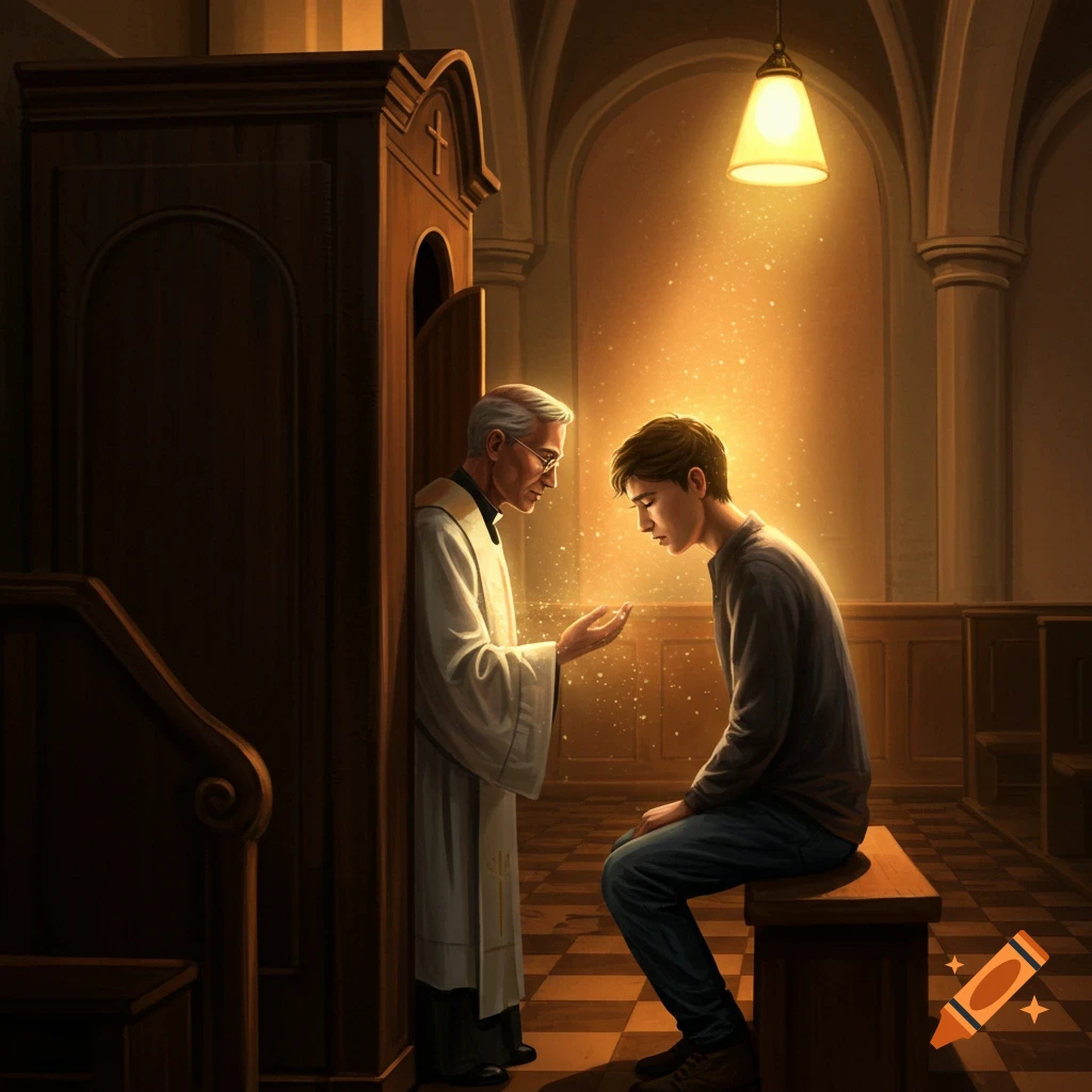 A priest hears confession from a young man in a church bathed in golden light.
