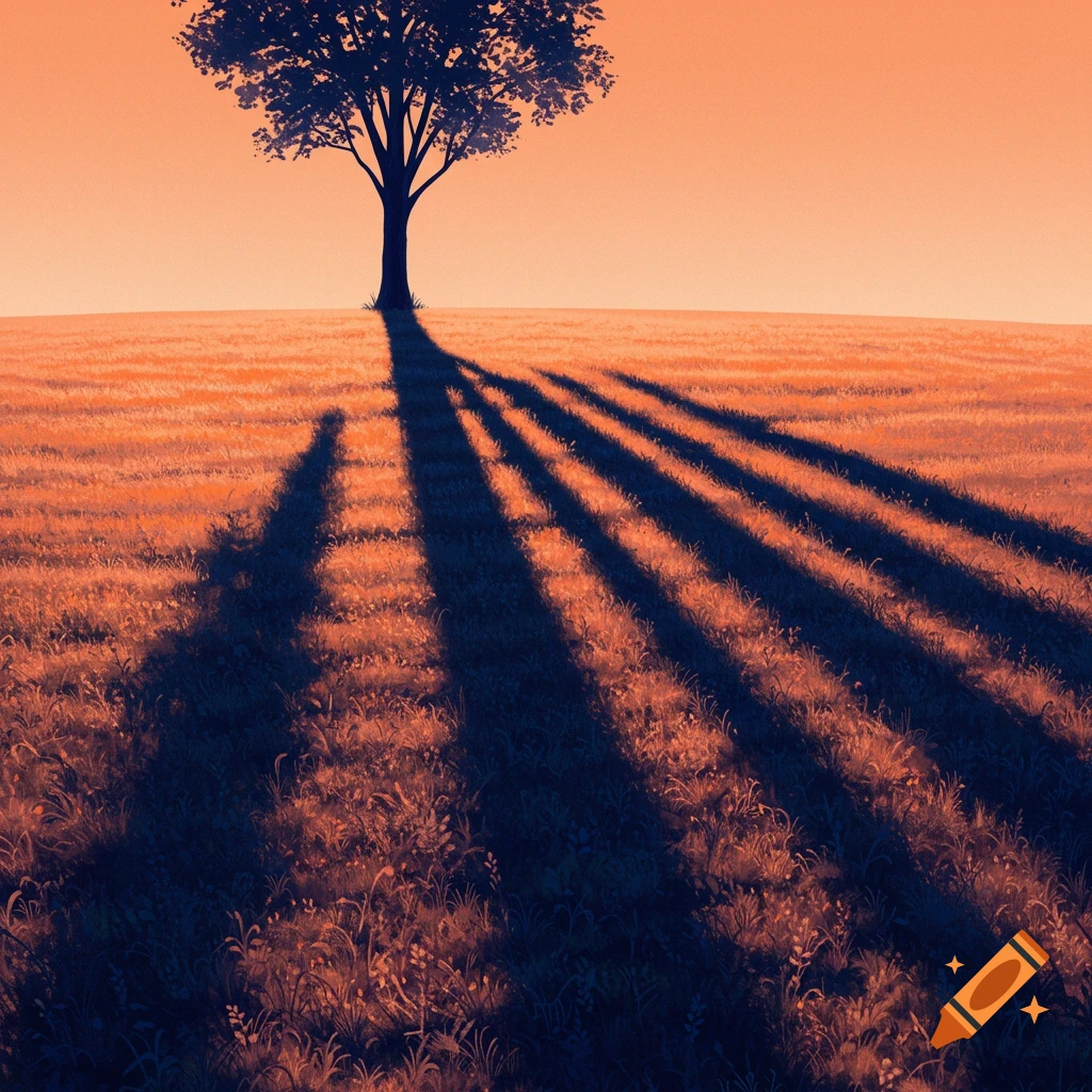 A tree casts long, dark shadows across a field at sunset.