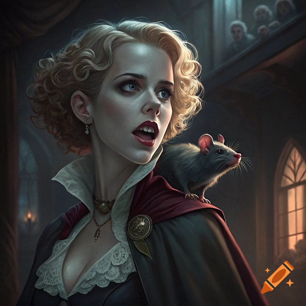 Woman in gothic dress with a rat on her shoulder in a dark room
