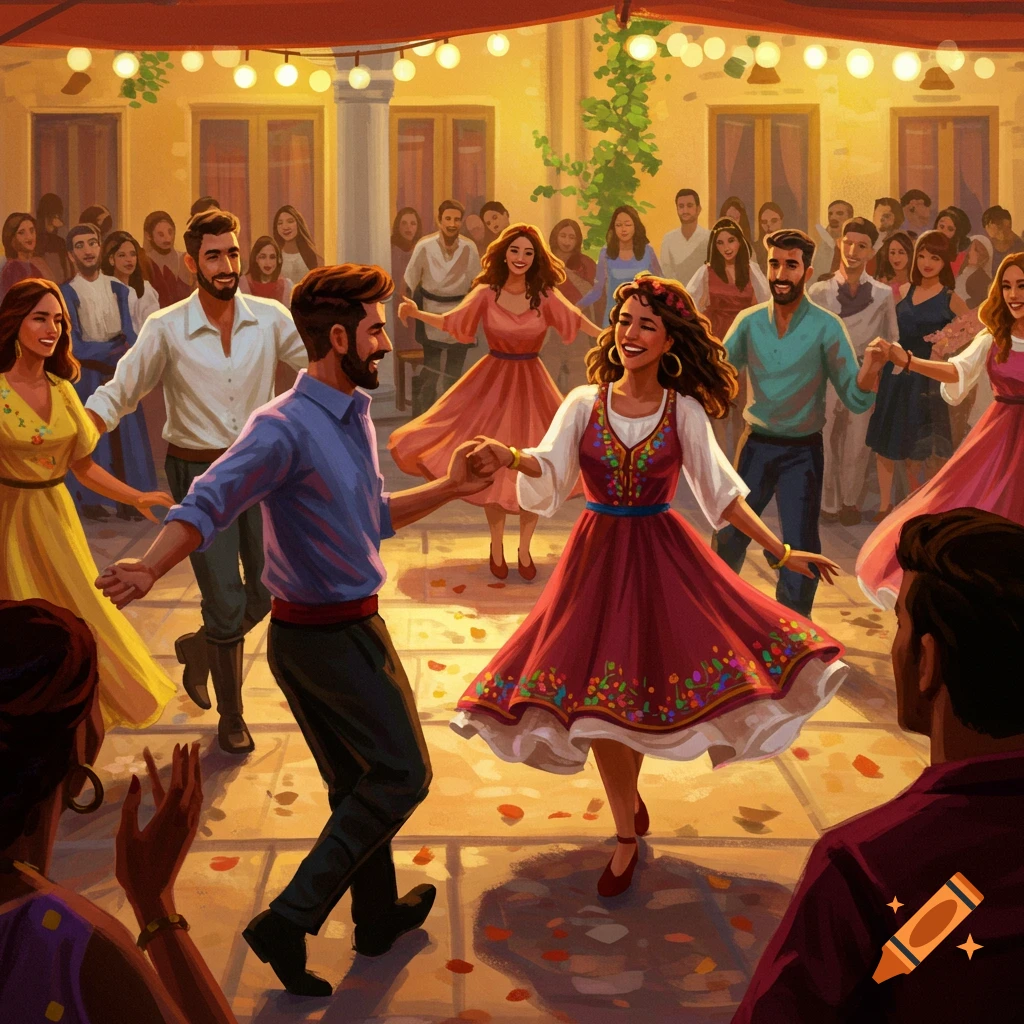 People are dancing at a festive night party in a courtyard.