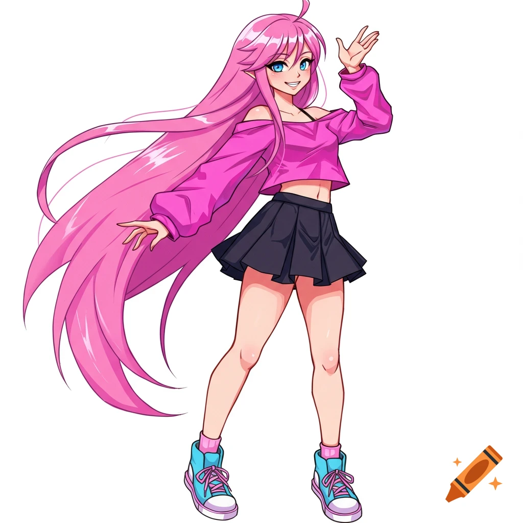 Anime girl with long pink hair, pink crop top, black skirt, and blue sneakers waving.