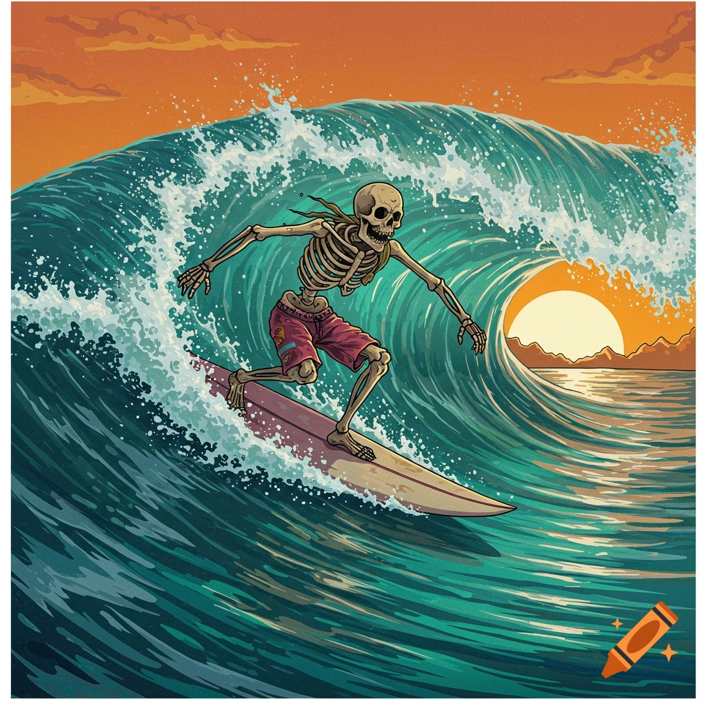 A skeleton surfing a wave at sunset.