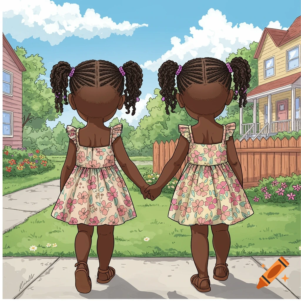 Illustrated view from behind of two young Black twin girls walking hand-in-hand down a sidewalk in a sunny neighborhood.