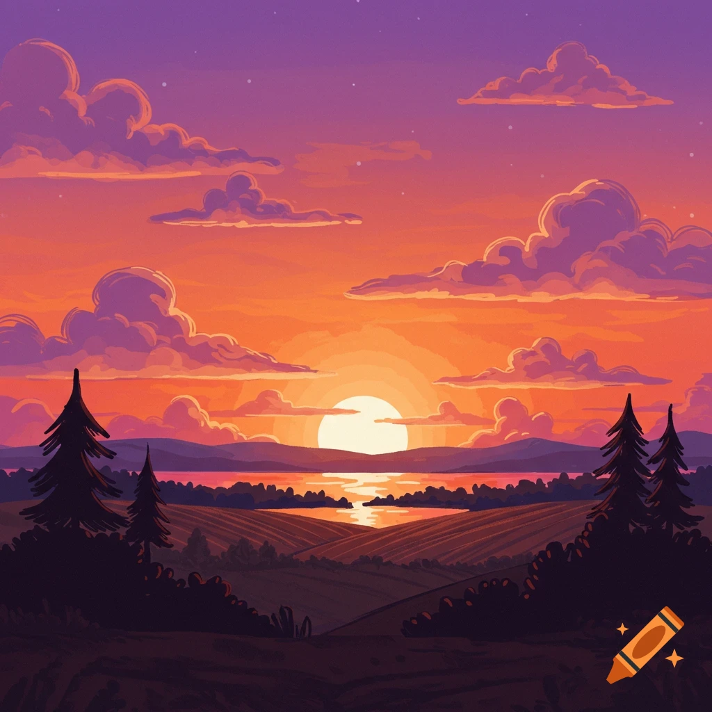 A drawing of a sunset over a lake with fields and trees in the foreground.