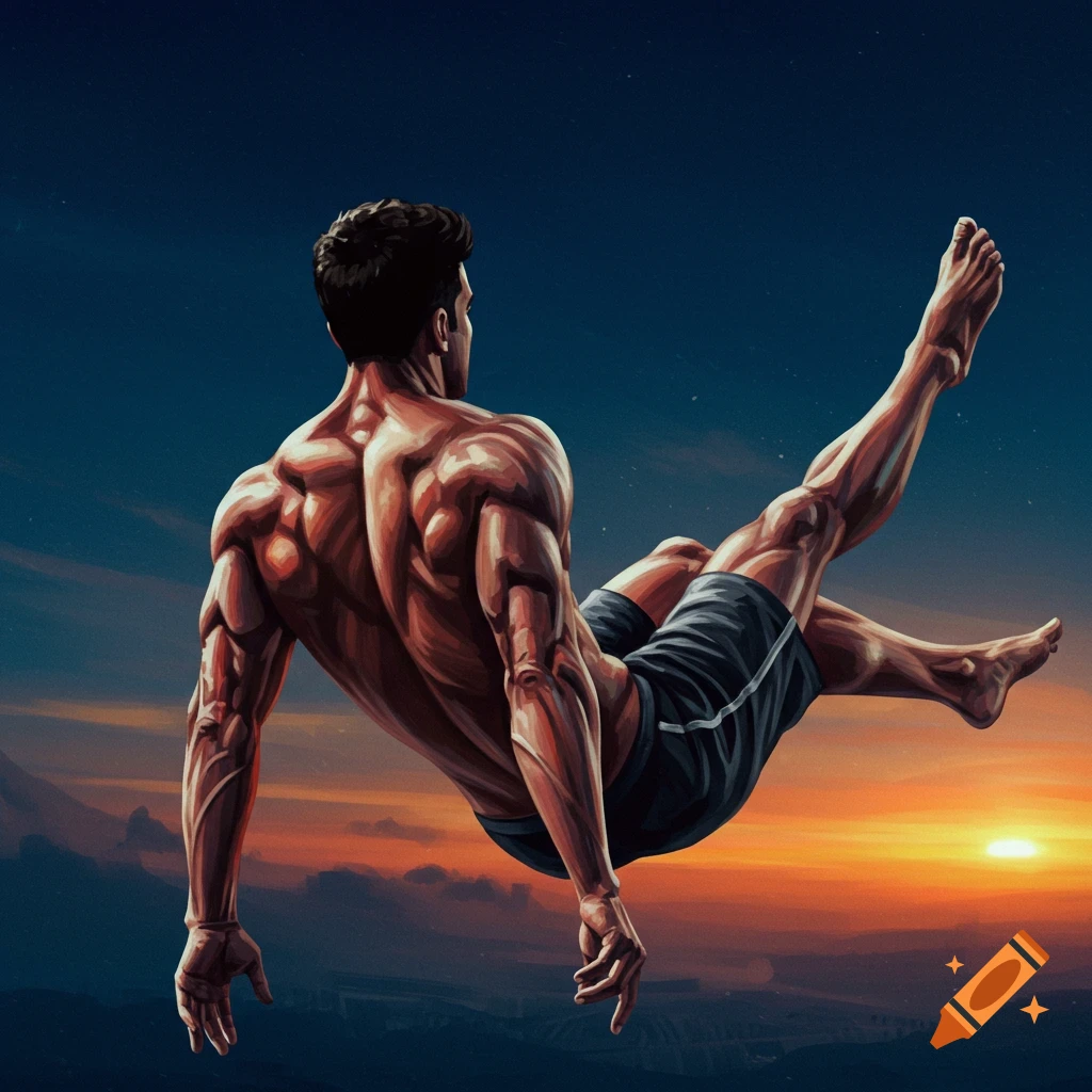 A muscular man falls backward against a sunset sky.