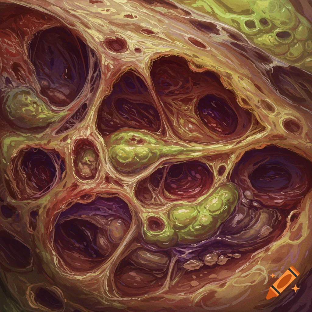 A close-up shows abstract rotten flesh with holes and stringy texture in red, green, and yellow.