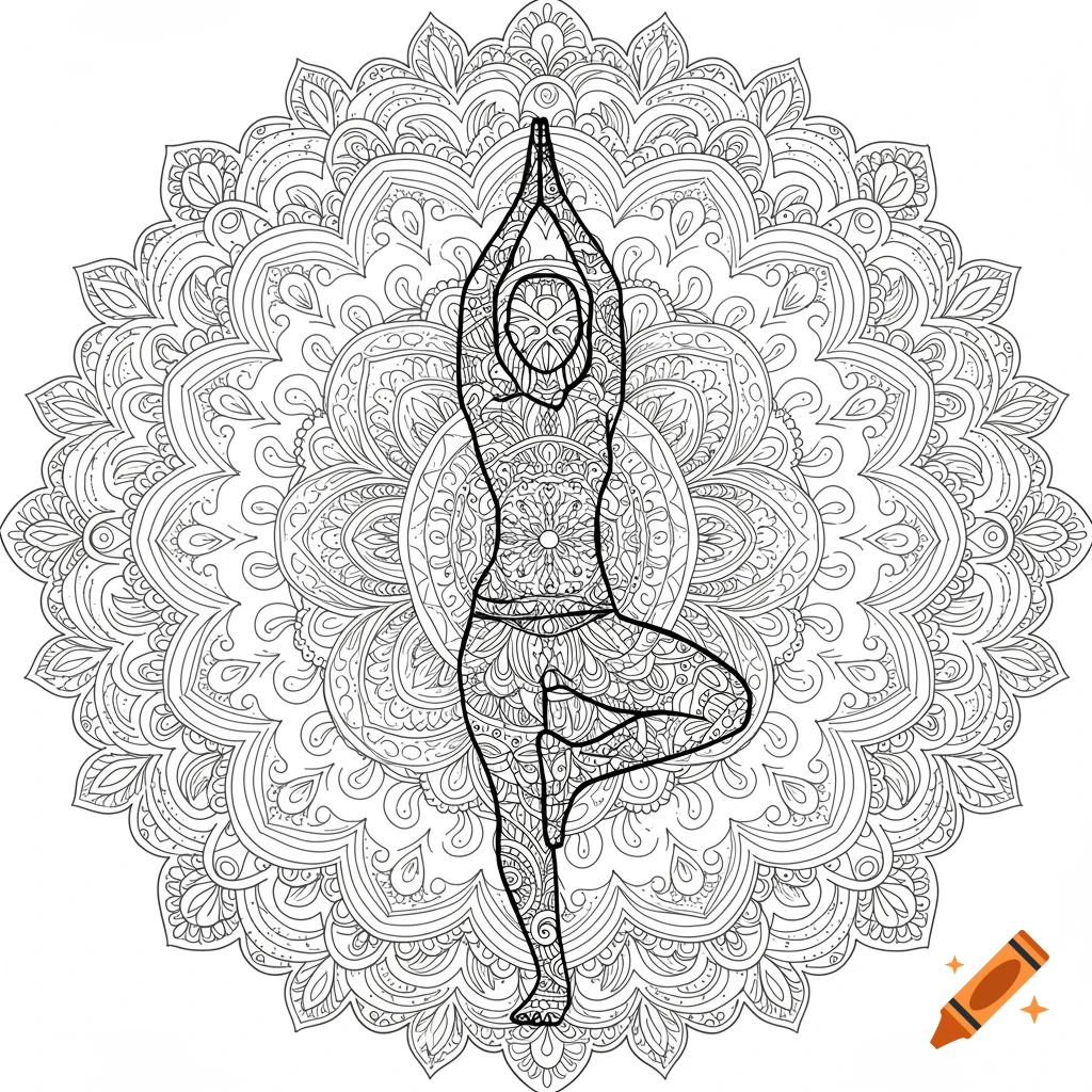 Black and white line drawing of a person in yoga tree pose within an intricate mandala.