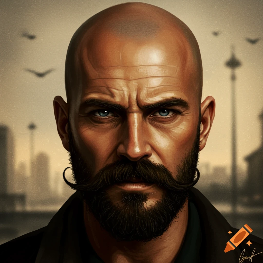 A bald man with a dark beard, curled mustache, and blue eyes looking sternly at the viewer with a blurred city background.
