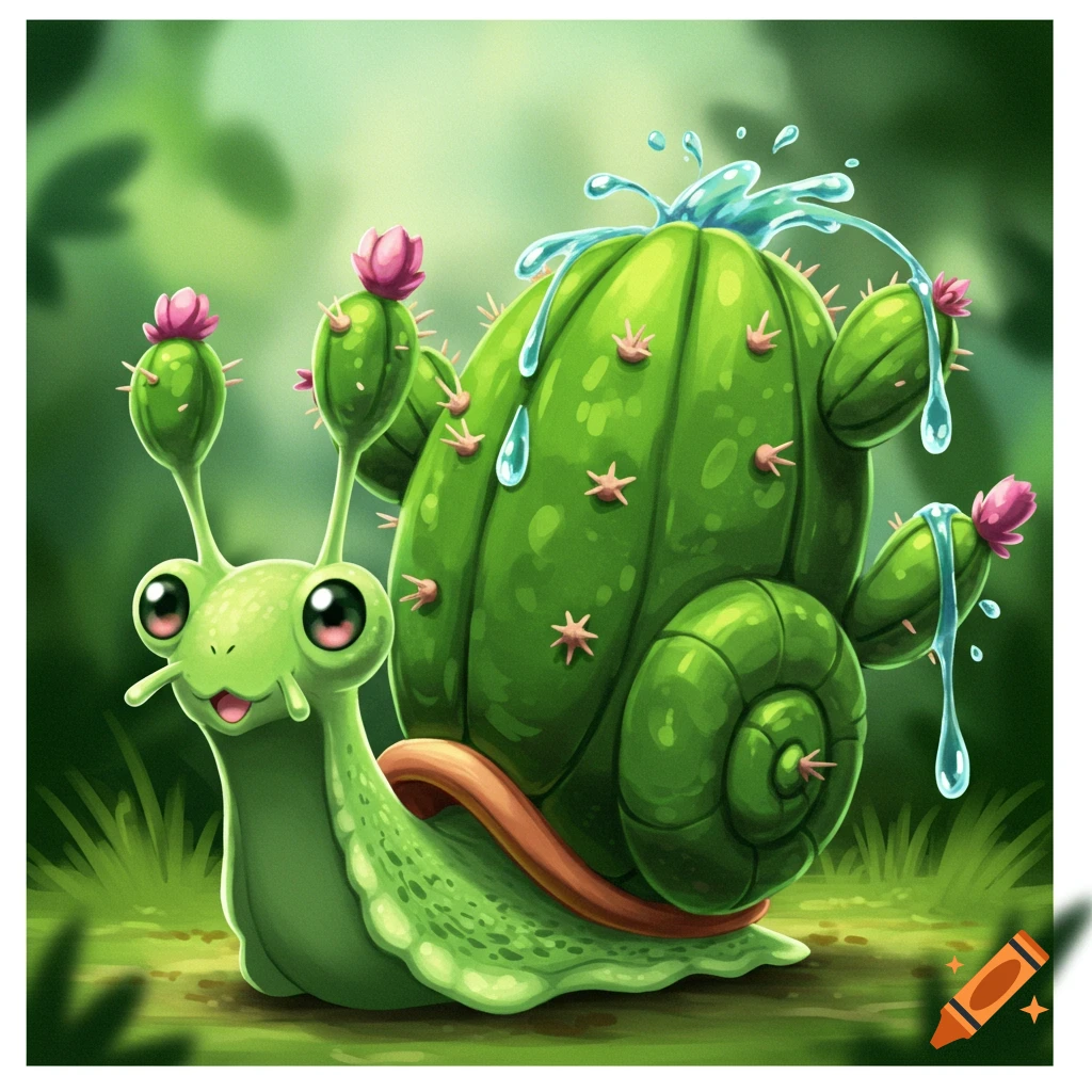 Cartoon snail with a cactus shell and water splashing from top