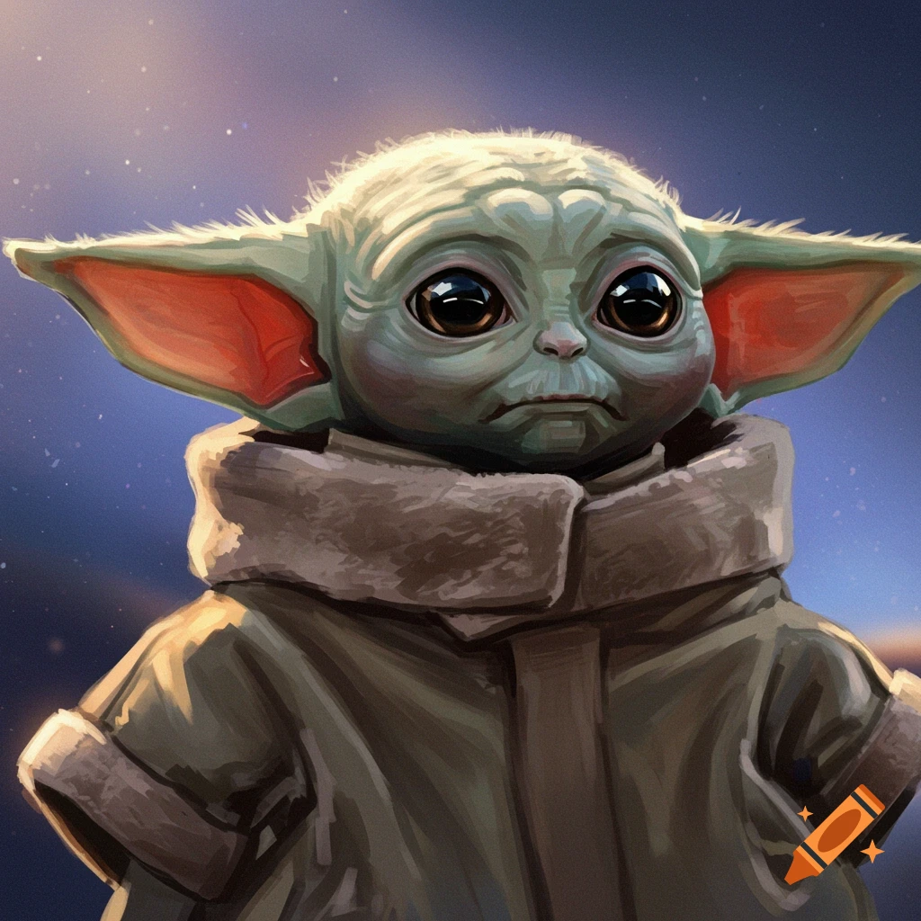 Baby Yoda in his robe against a starry sky