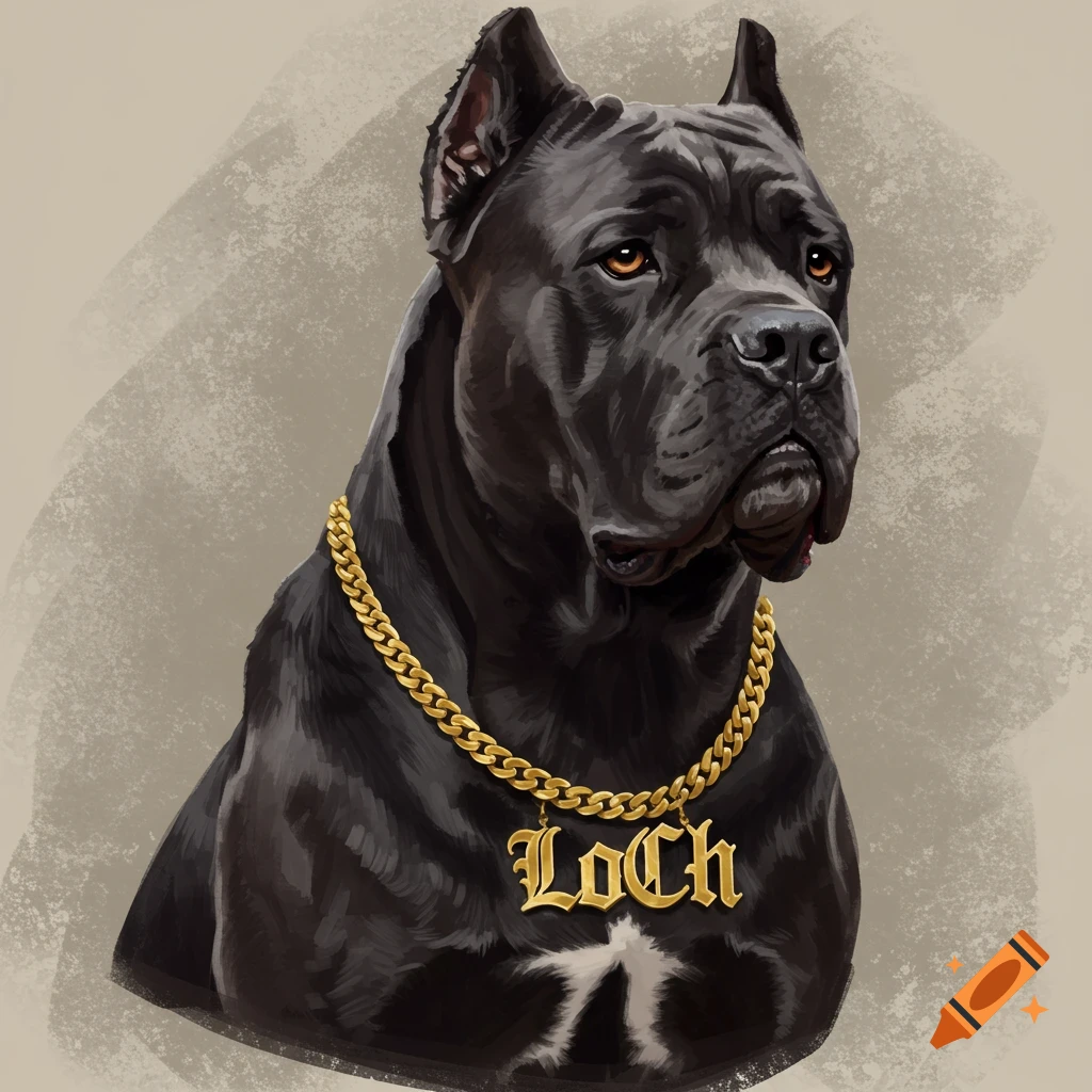 A black Cane Corso dog wears a gold chain necklace featuring 'LoCh' on its tag.