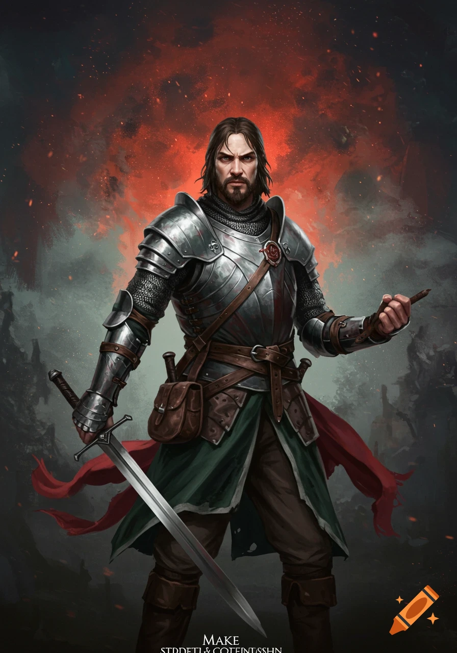 A medieval warrior in full armor holding a sword against a fiery background.