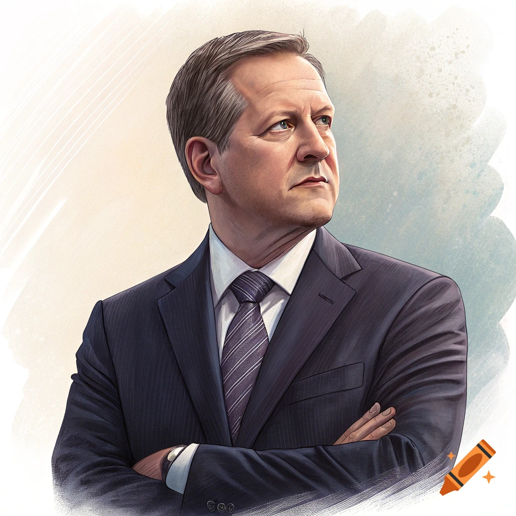 Illustration of a man in a suit with crossed arms looking upwards