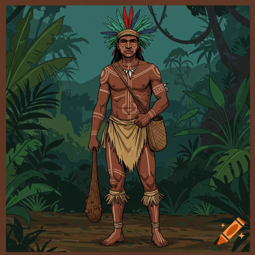 Illustration of indigenous man with body paint, feathers, club, and bag standing in a jungle.