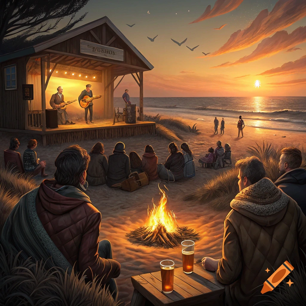 People watch a band perform on a stage on the beach at sunset, with a campfire and drinks in the foreground.