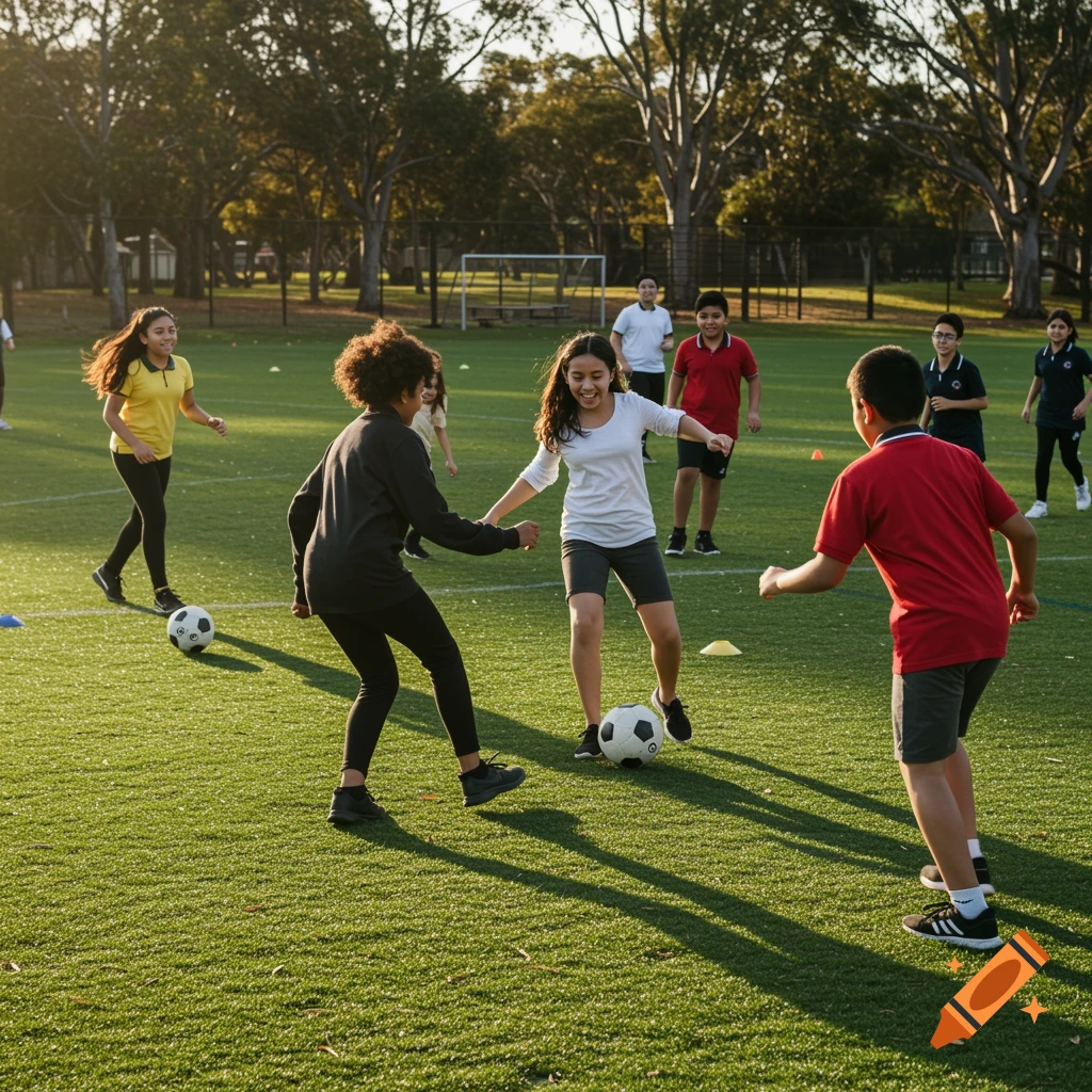 Diverse group of children playing soccer on an outdoor field during a PE lesson.