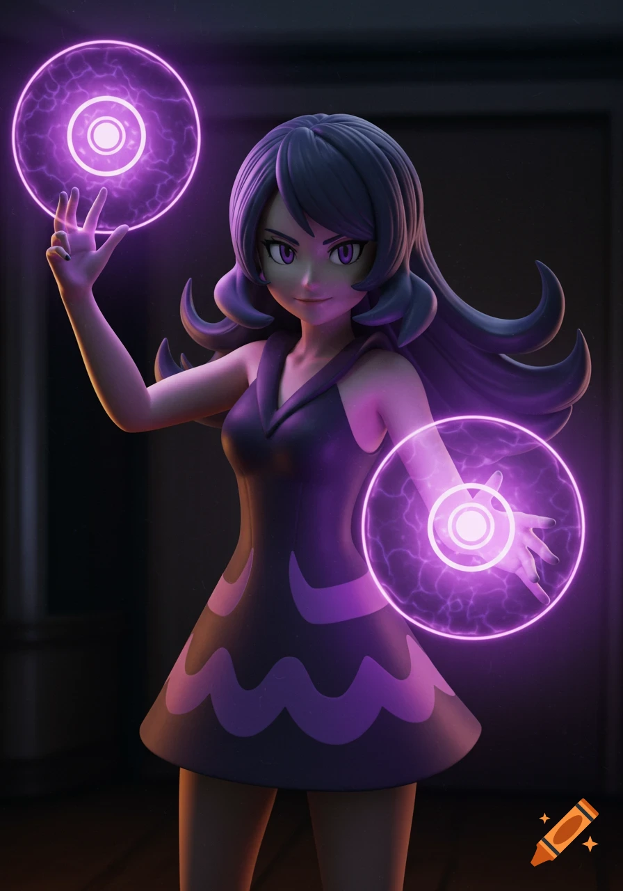 Stylized 3D rendering of Sabrina from Pokemon with purple glowing orbs in her hands.
