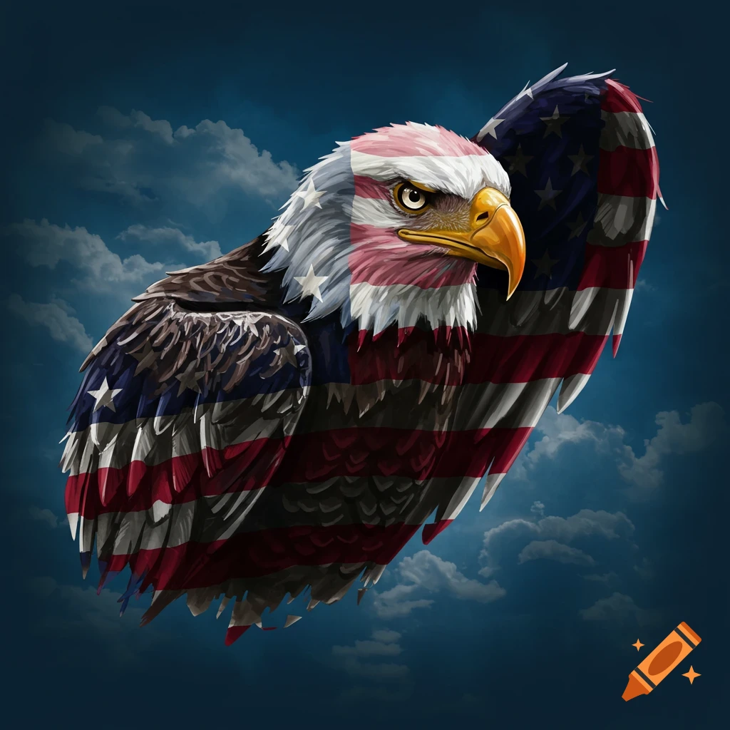 A bald eagle with an American flag pattern on its body and wings, flying against a cloudy blue sky.
