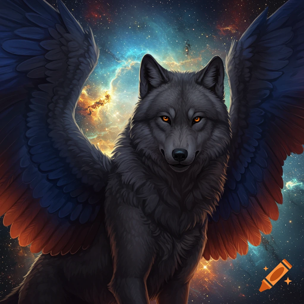 A winged wolf in space.