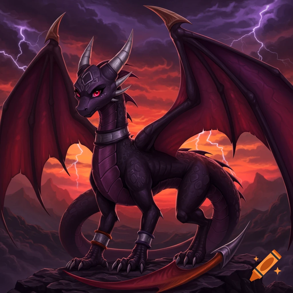 A dark dragon on a cliff under a stormy red sky with lightning.