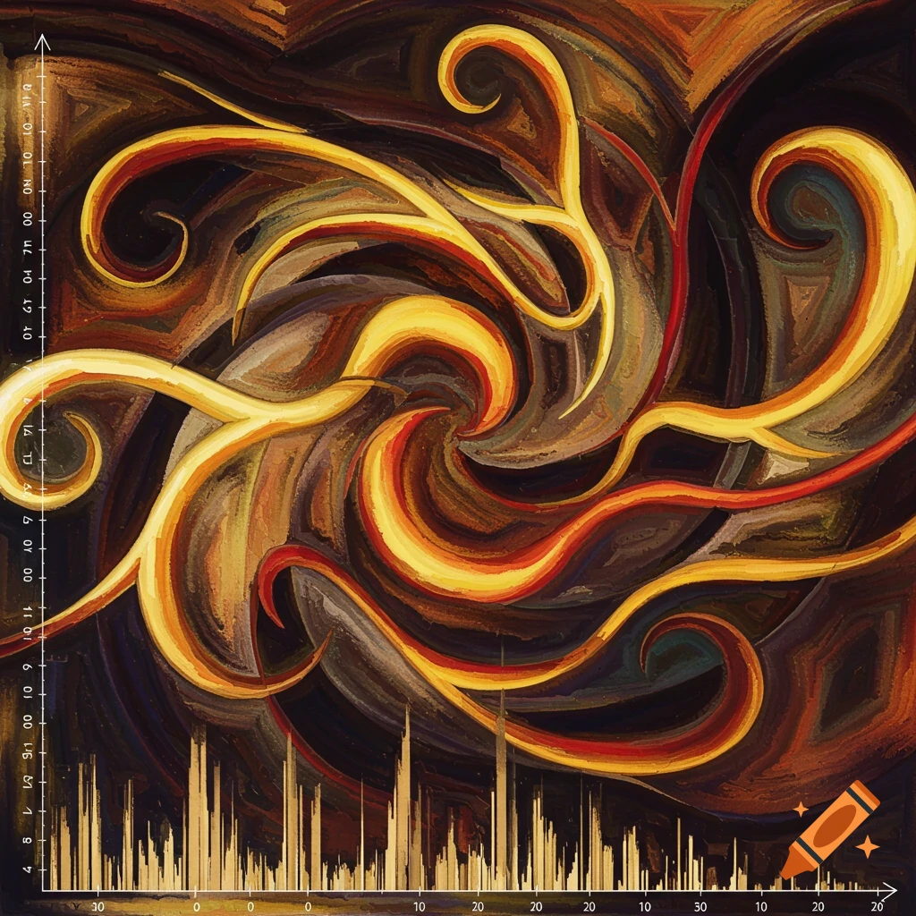 Abstract painting with swirling gold and red lines over a dark background, featuring graph axes and bars.