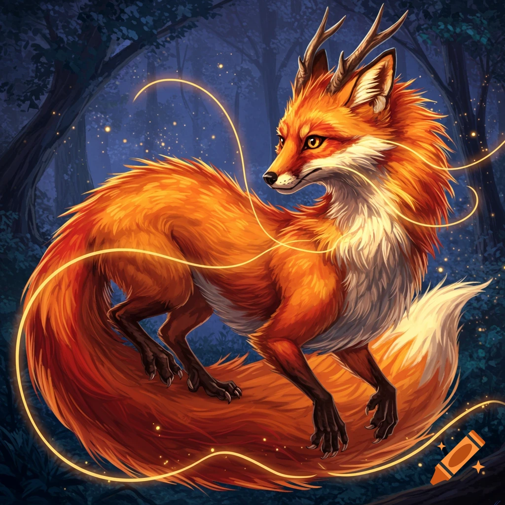 A mythical fox-dragon in a forest.