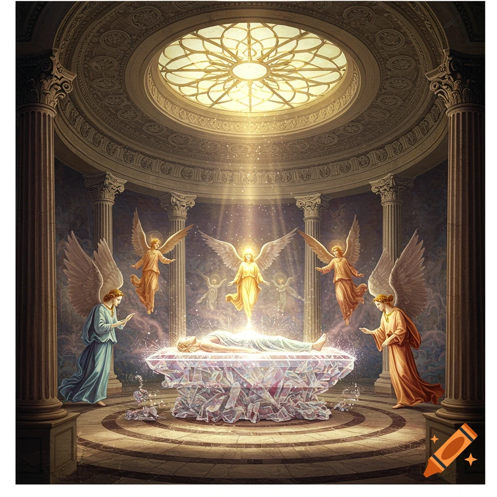 Angels surround a person on a sparkling crystal slab in a large domed room.
