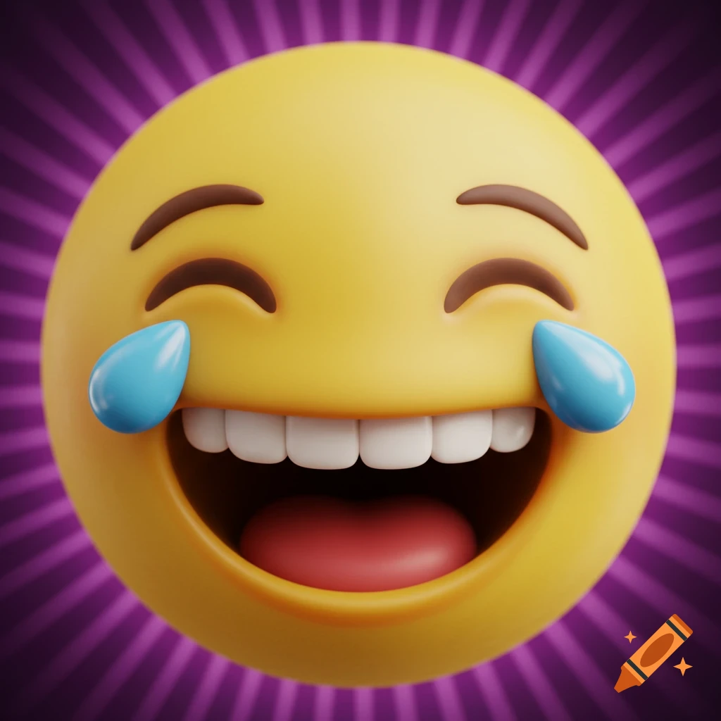 3D rendering of a yellow laughing emoji with tears of joy.