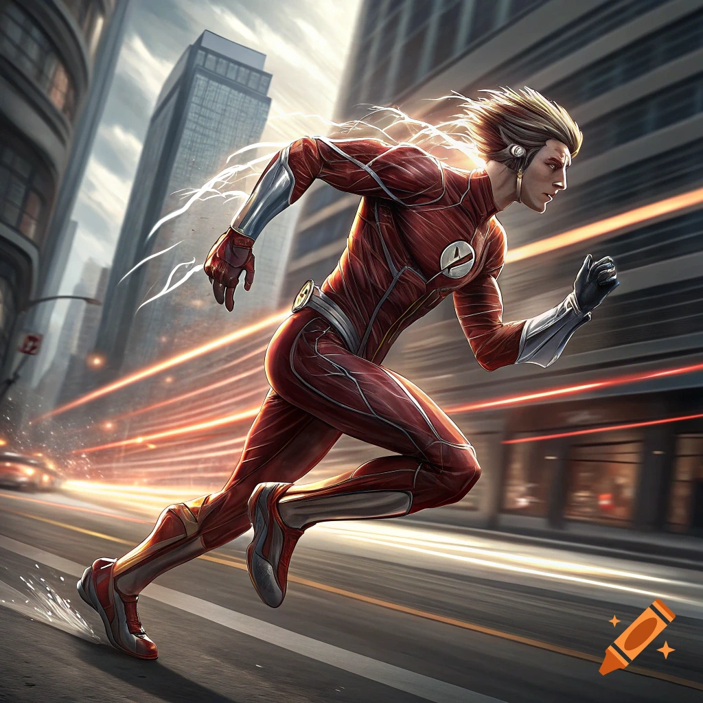 The Flash runs at high speed through a city street, leaving lightning trails.