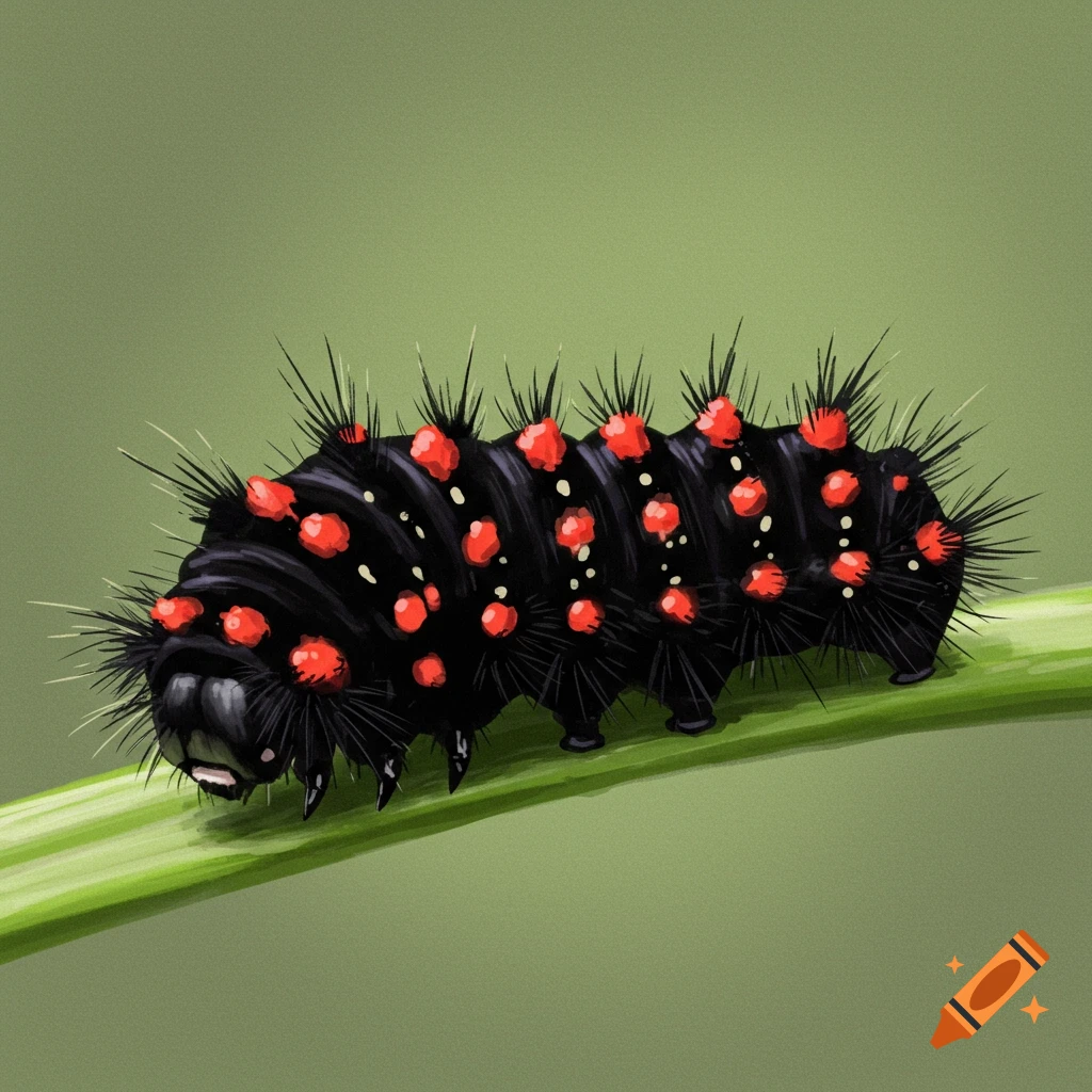 A black caterpillar with red and white spots is perched on a green stem.