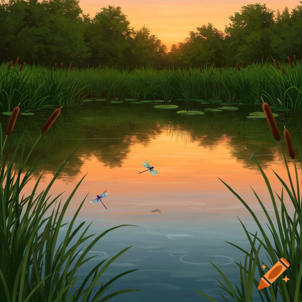 A pond at sunset with dragonflies flying over the water.