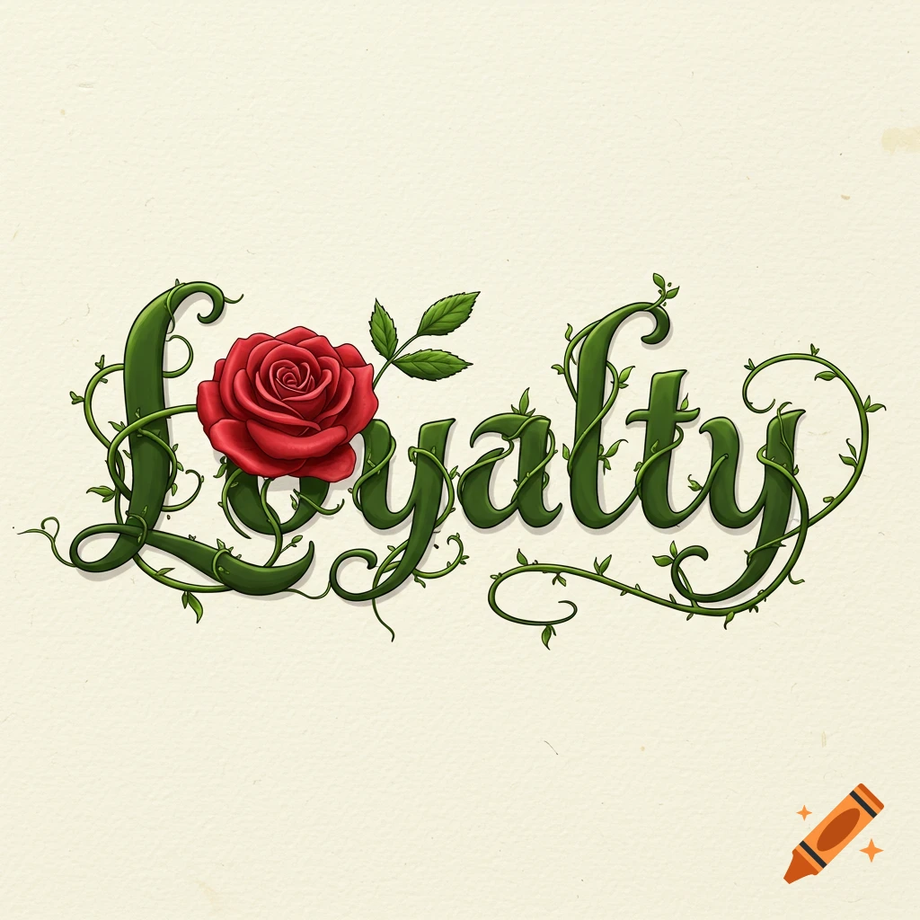 The word Loyalty formed by vines and a red rose
