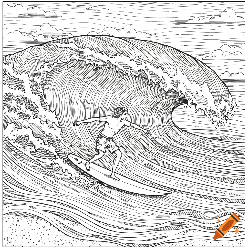 Line art drawing of a surfer riding a large wave at the beach.