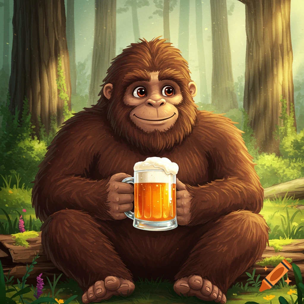 A cartoon Sasquatch sits in a forest holding a mug of beer.
