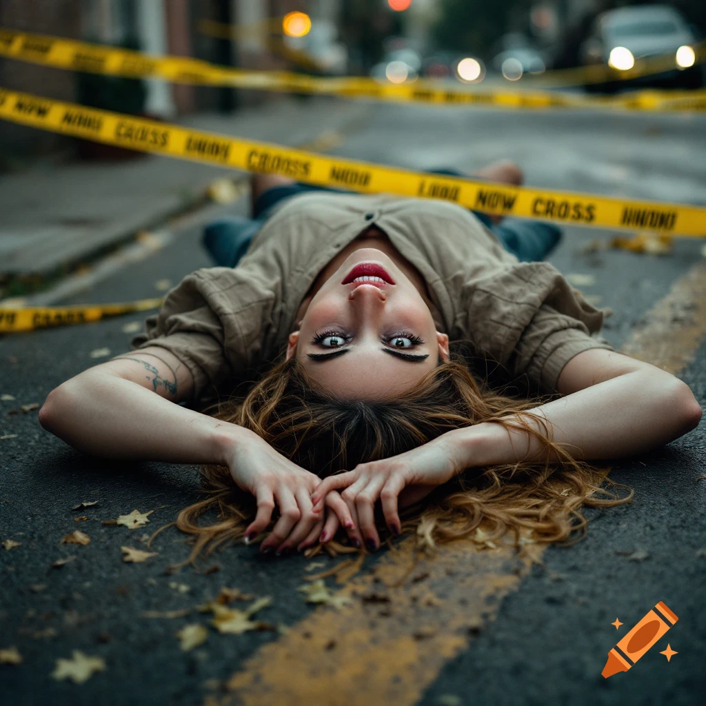 A woman lies face up on the ground in the street, surrounded by yellow caution tape.