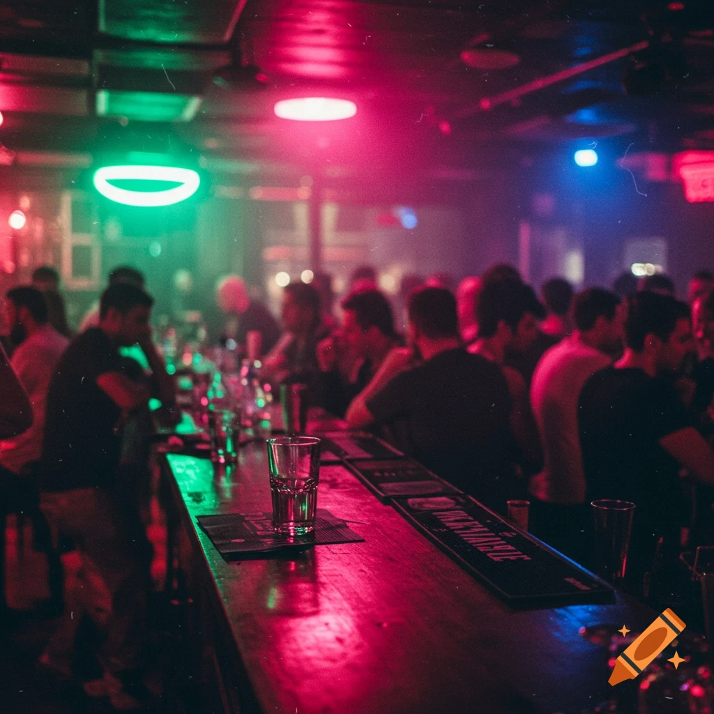 Blurry photo of people at a bar with neon pink, green, red, and blue lighting.