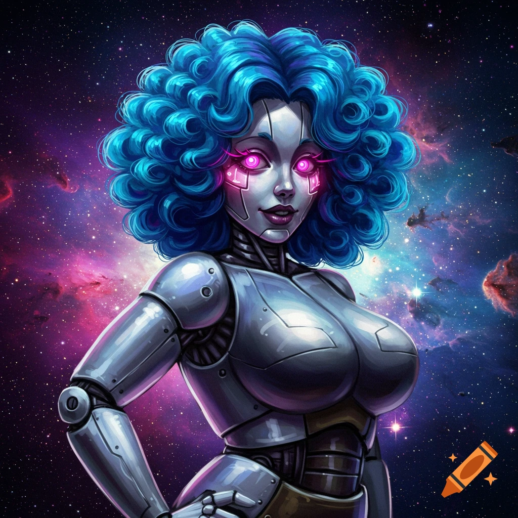 A robot woman with blue curly hair and a futuristic silver suit against a starry space background.