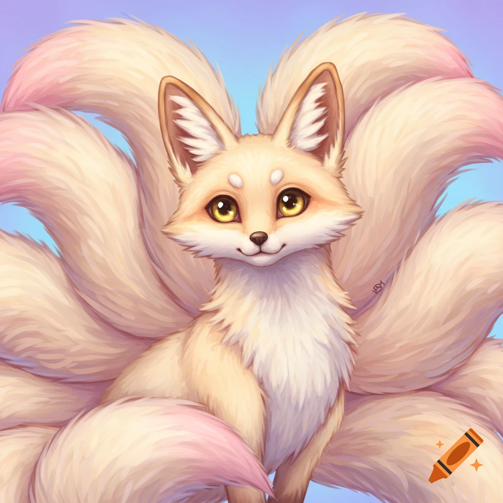 A cute mythical fox-like creature with multiple bushy tails.