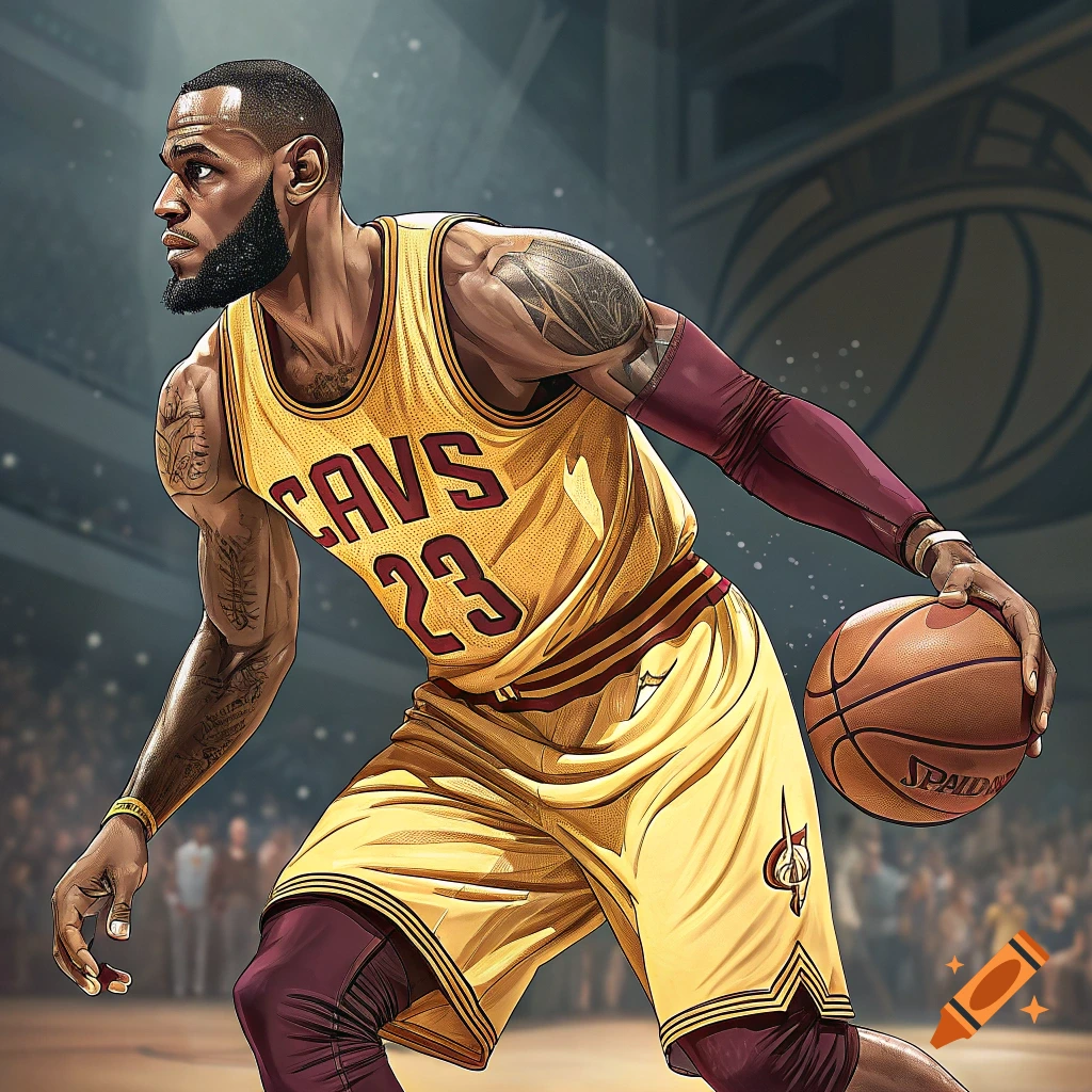 Illustration of Lebron James playing basketball in a Cavaliers jersey, dribbling the ball on a court.