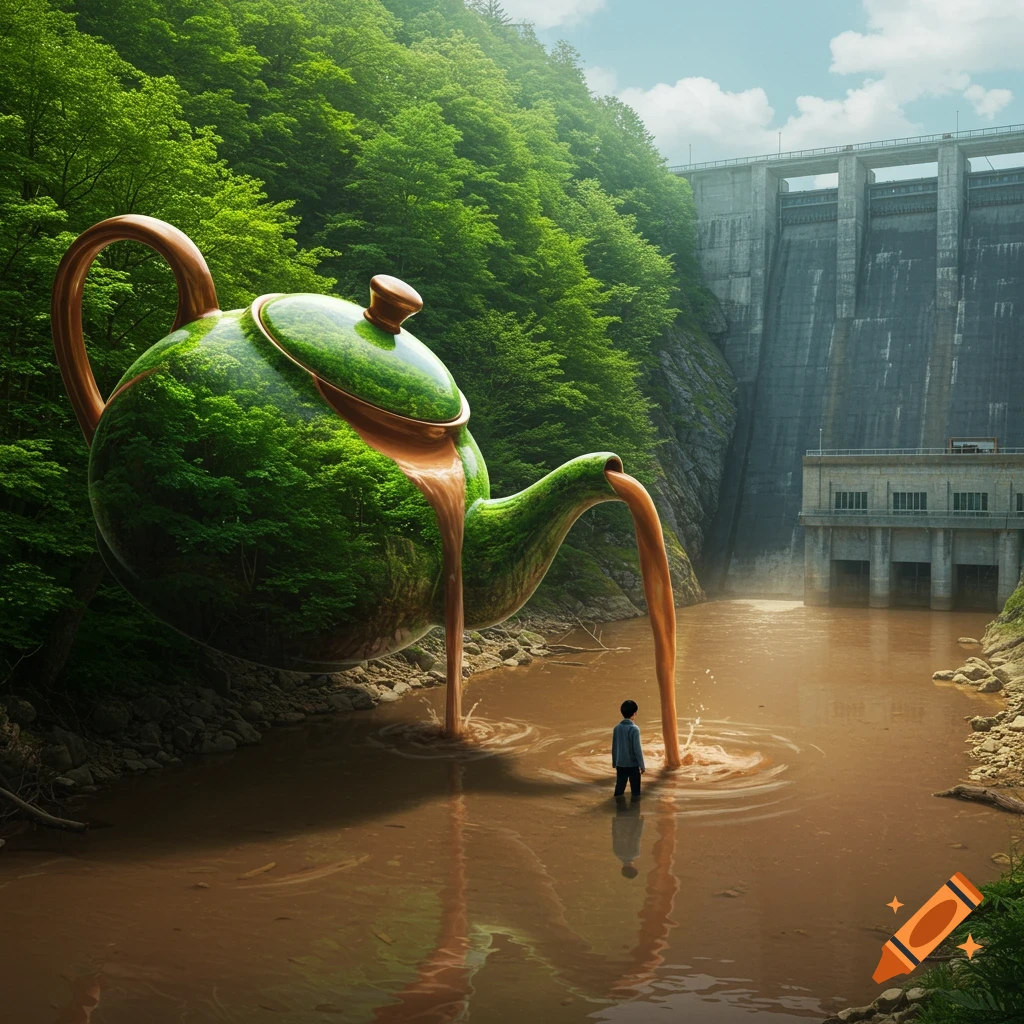 A giant teapot covered in forest pours liquid into a river by a dam, with a person standing in the water.