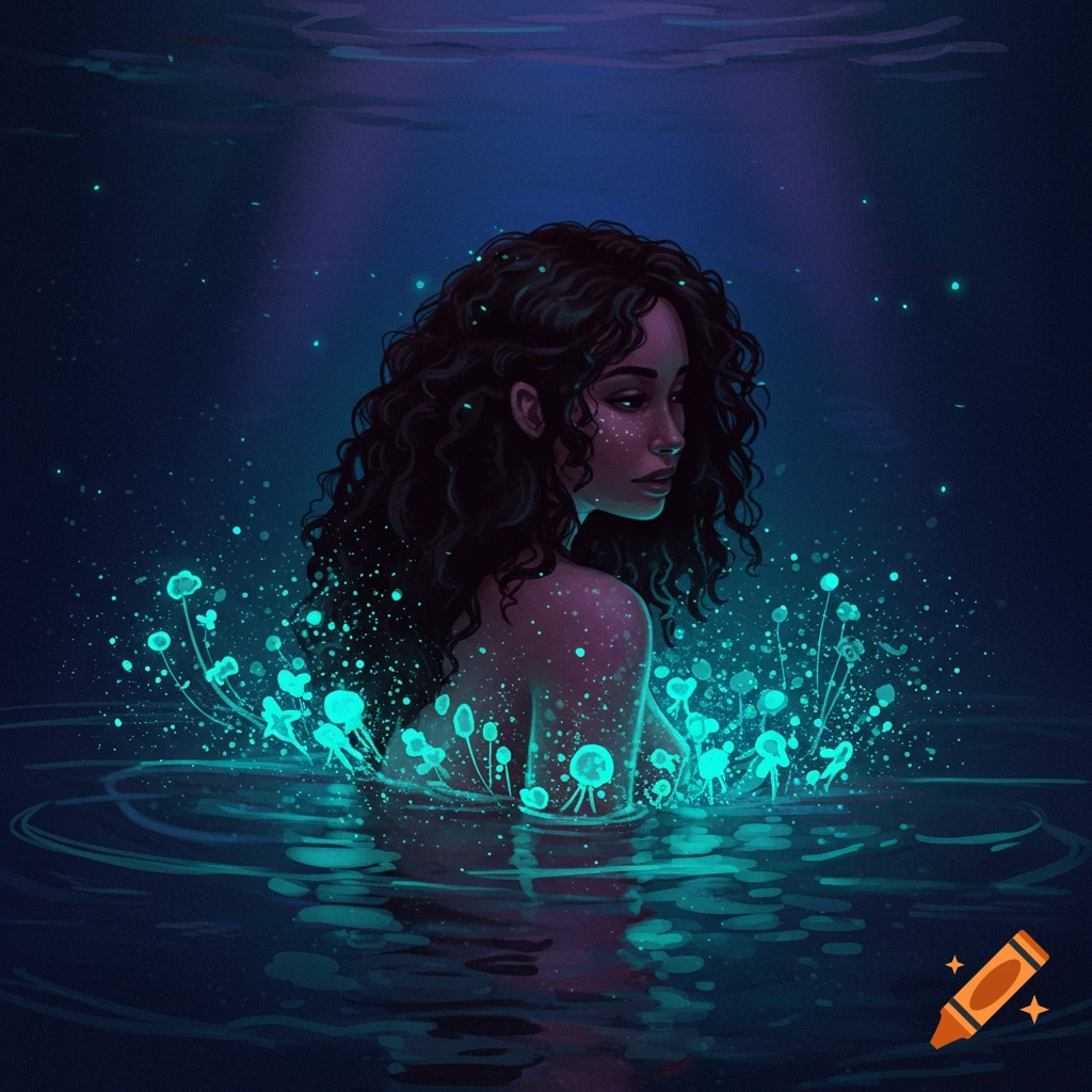 A woman is in water with glowing blue bioluminescence.