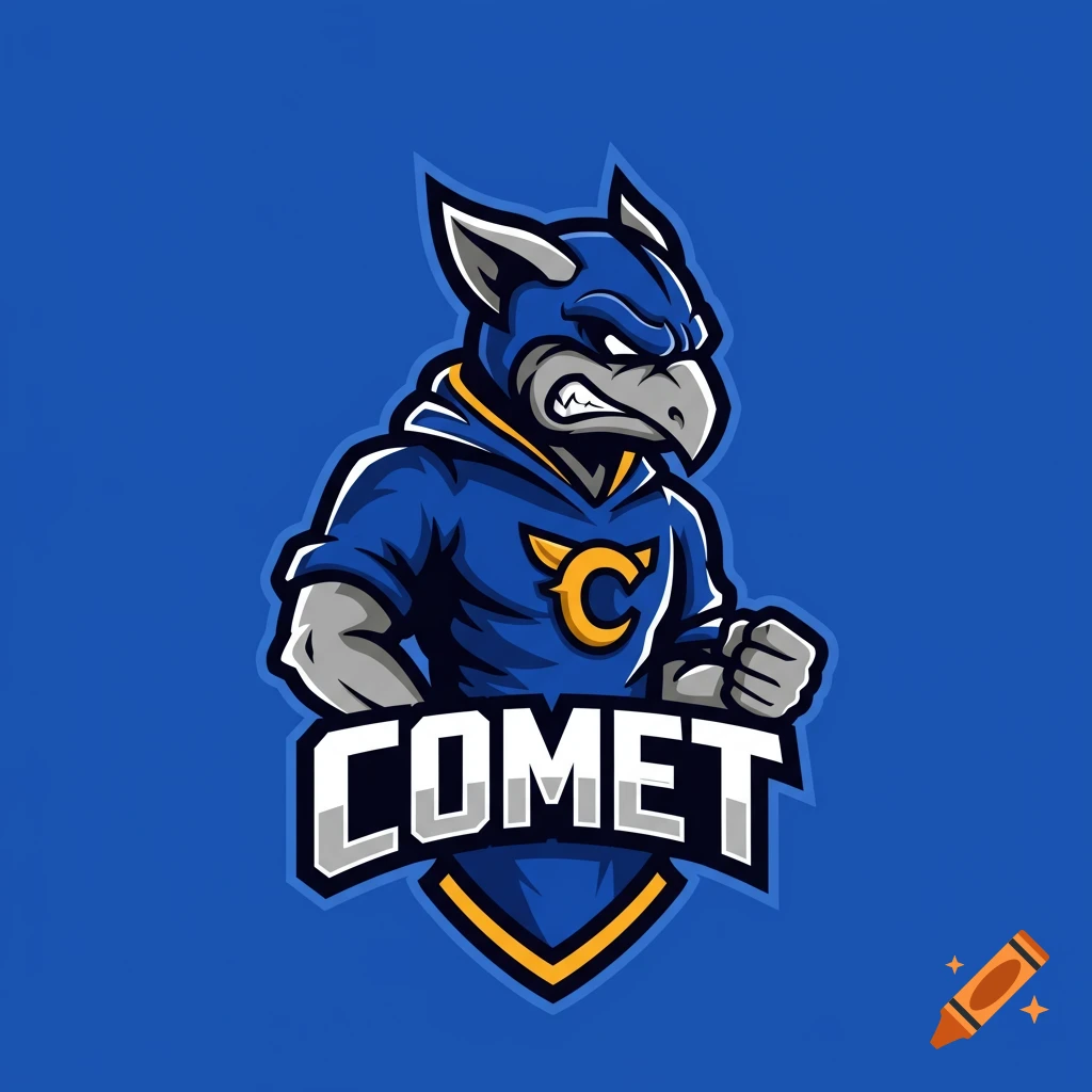 Graphic logo of a blue mascot creature in a hoodie with the word COMET.