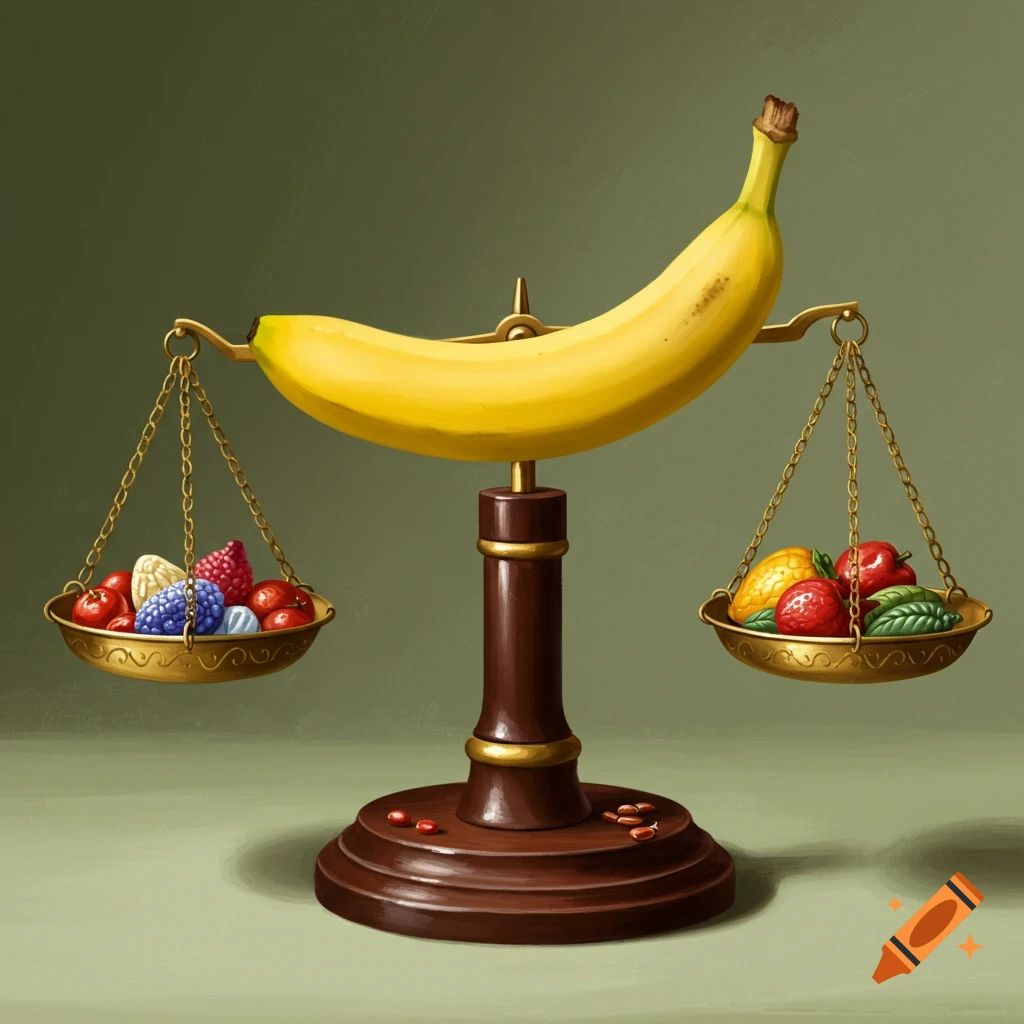 A banana acting as the beam of a balance scale weighing bowls of fruit.