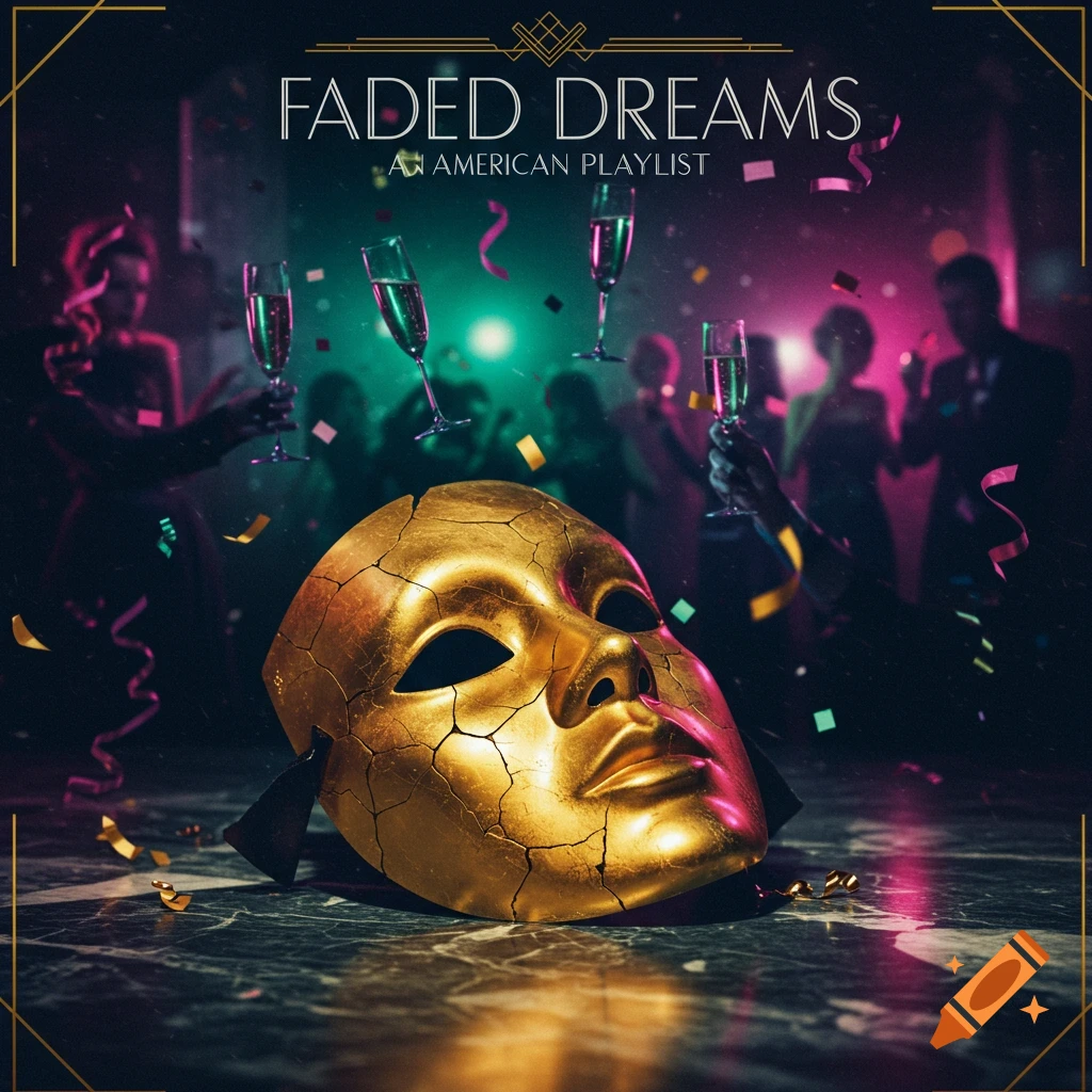 A cracked golden masquerade mask lies on a marble floor in front of a blurred party scene with champagne glasses and confetti. Text at the top reads 'Faded Dreams An American Playlist'.