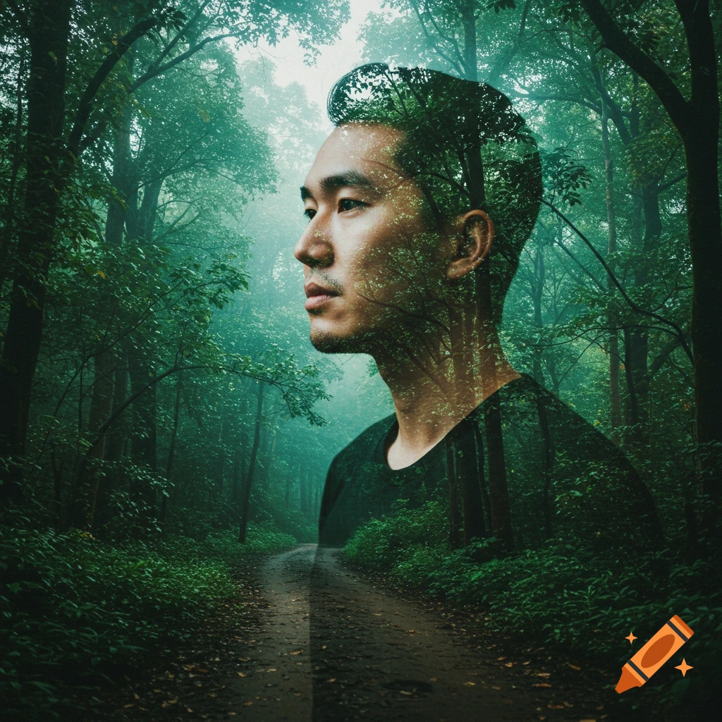 Double exposure portrait of a man's profile overlaid with a forest scene and path
