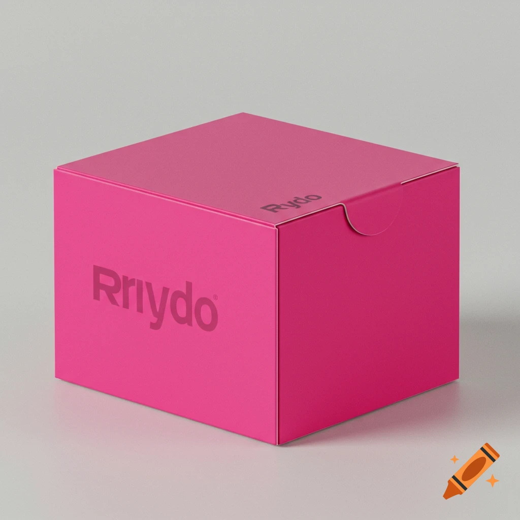 Hot pink shipping box with logo on the side and top.