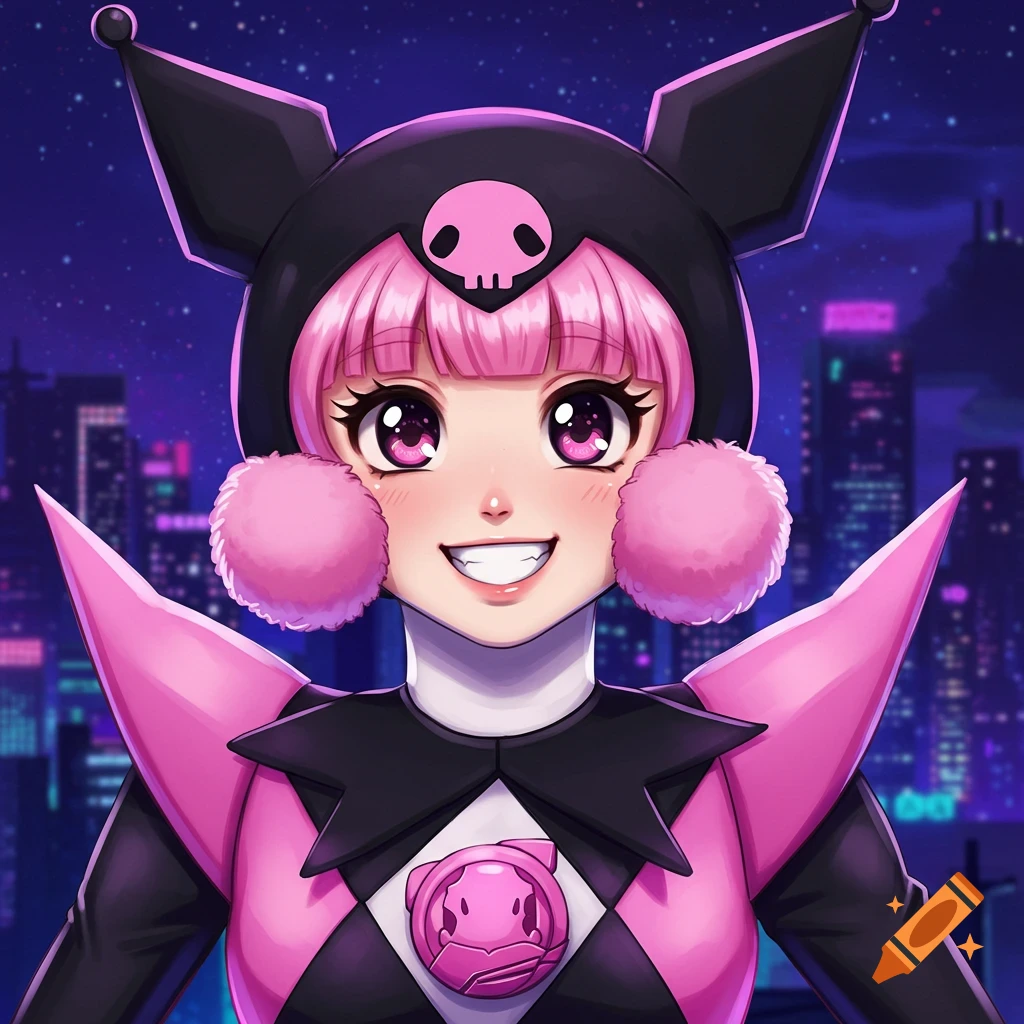 Anime portrait of a girl dressed as a Kuromi Power Ranger against a city background.