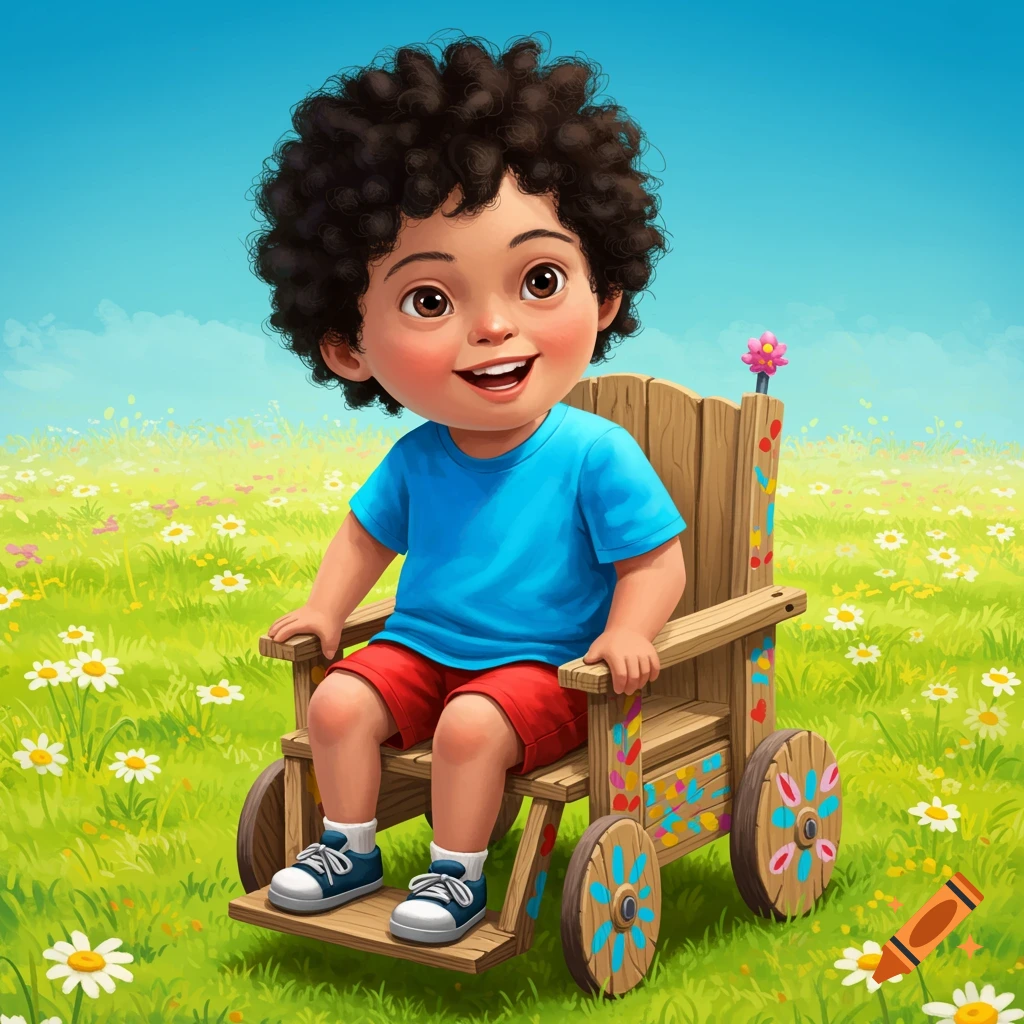 A whimsical depiction of a happy boy in a colorful wooden wheelchair in a field of flowers.